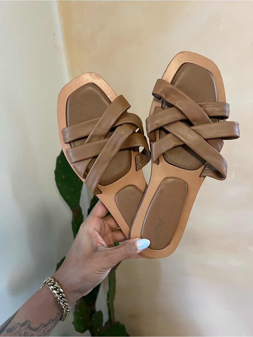 Crevo Brown Tan Strappy Slide Sandals